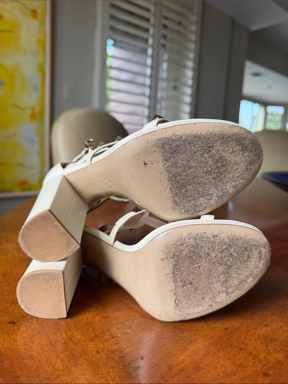 Valentino Garavani White Leather Rockstud T-Strap Block Heel Sandals